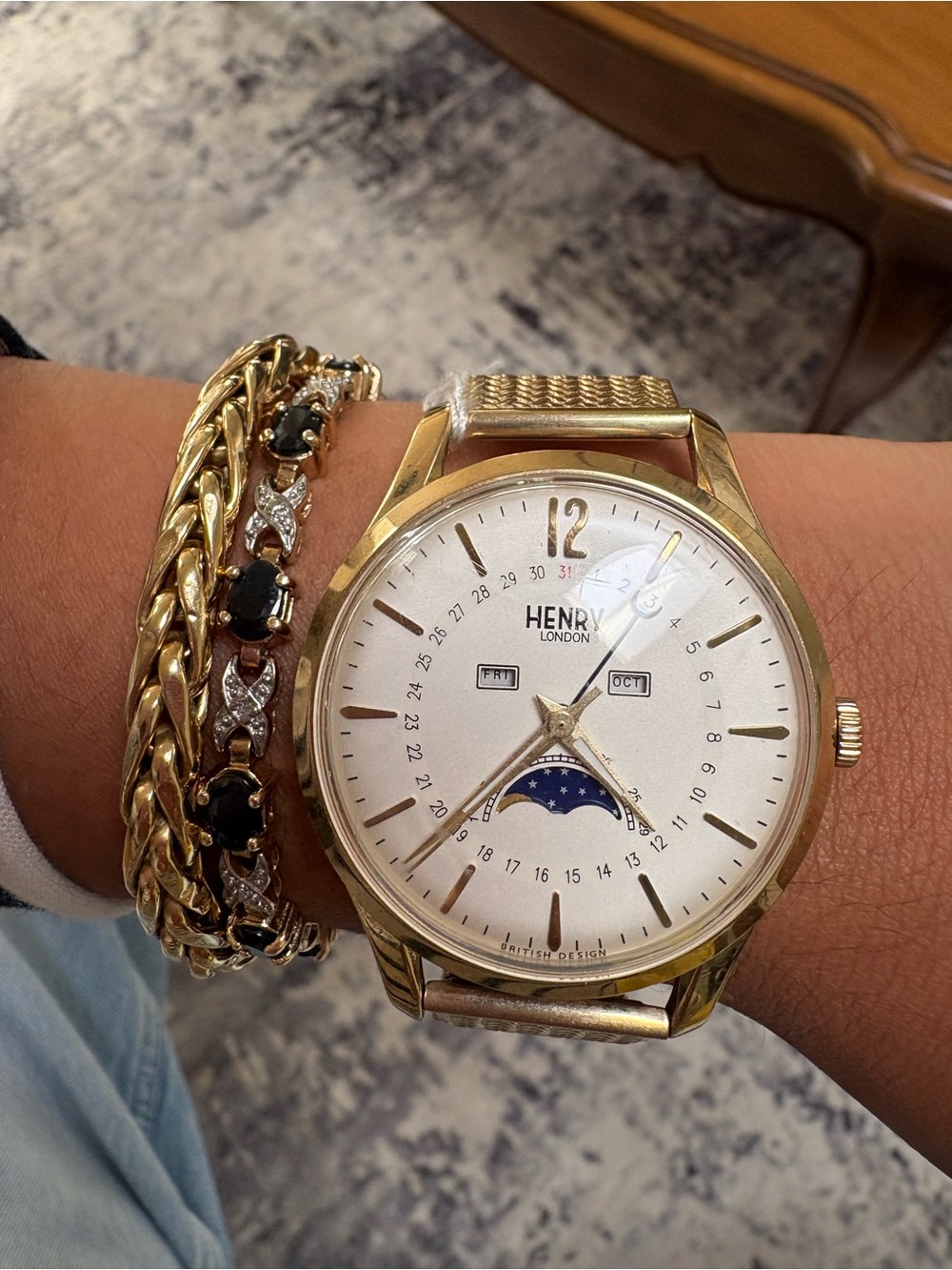 Henry London Westminster Mens Watch Moonphase Gold Tone Leather New Battery